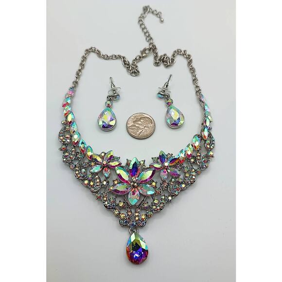 Iridescent Austrian Crystal Flower Necklace & Earrings Set, Silver Tone - Picture 4 of 4